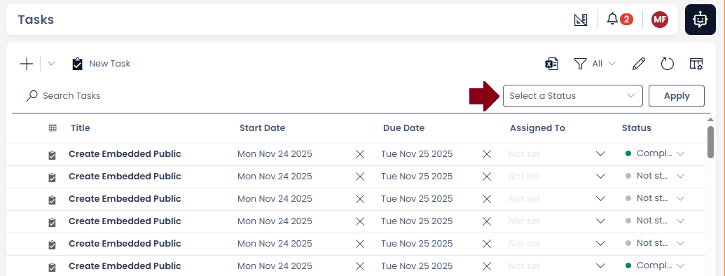 Tasks table with Status quick filter enabled